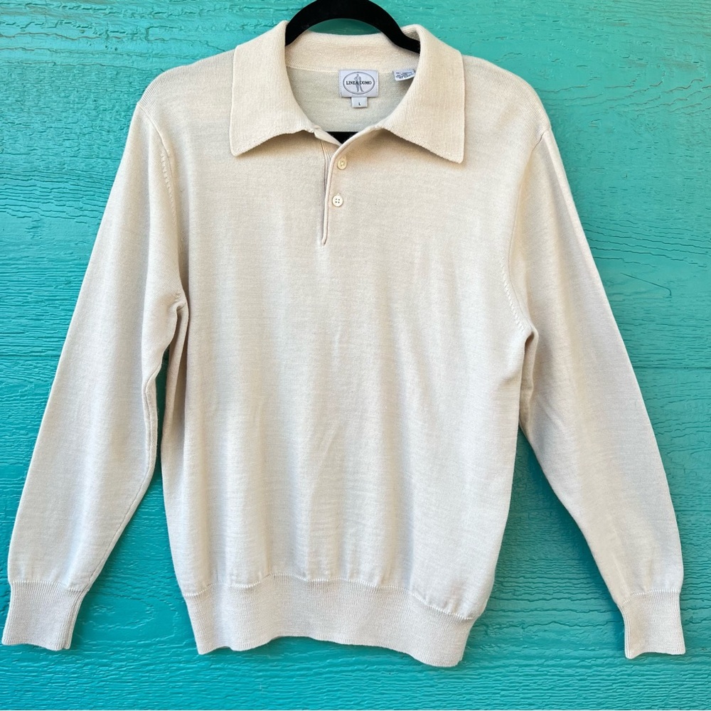 MERINO WOOL BLEND POLO STYLE CREAM SWEATER CREAM LONG SLEEVE SIZE LARGE
